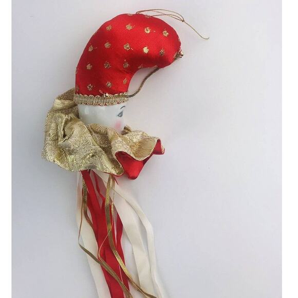 Porcelain Face COURT JESTER Ornament Cushion Ribbon Gold Red Clown Pink Cheeks - Picture 3 of 8